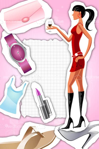 Woman in a Red Dress Alongside Various Clip Art Accessories